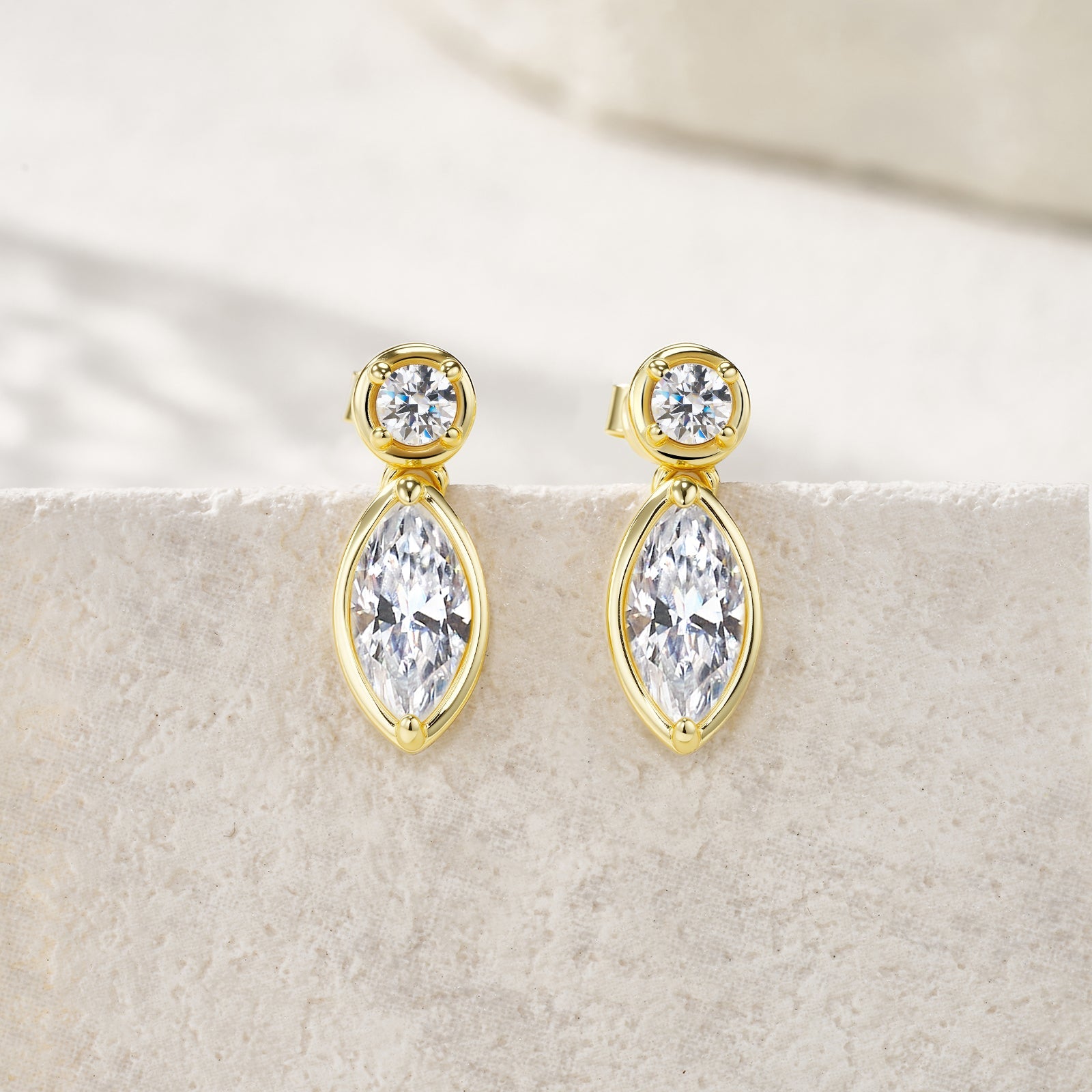 Marquise & Round Moissanite Stud Earrings 2.4ct 925 Sterling Silver 18K Gold Plated for Women