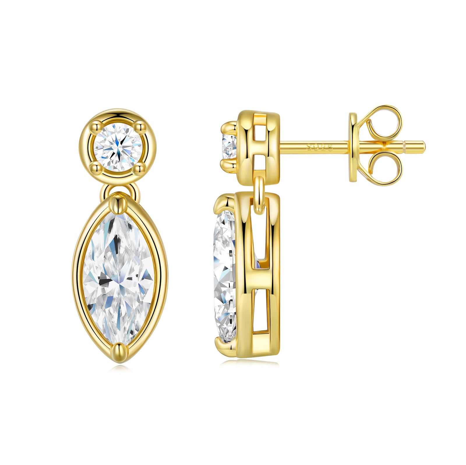 Marquise & Round Moissanite Stud Earrings 2.4ct 925 Sterling Silver 18K Gold Plated for Women