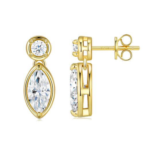 Marquise & Round Moissanite Stud Earrings 2.4ct 925 Sterling Silver 18K Gold Plated for Women