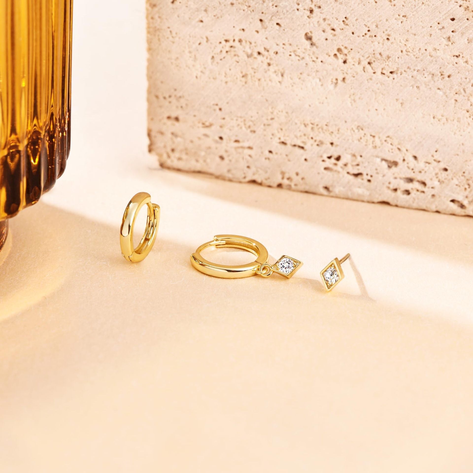 Minimalist Gold Hoop Earrings Set 3-Piece Layered Huggies with Zircon Charms Gifts for Women