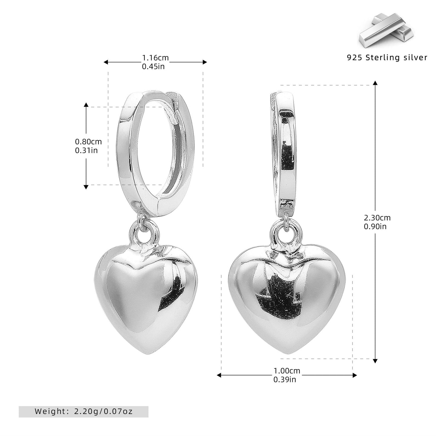 Minimalist Heart Huggie Hoops | 925 Sterling Silver | 18K Gold or Platinum Plated