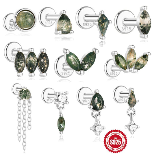 Moss Agate Earrings, Nap Rook Flat Back Helix Conch Tragus Nickel Free Earrings