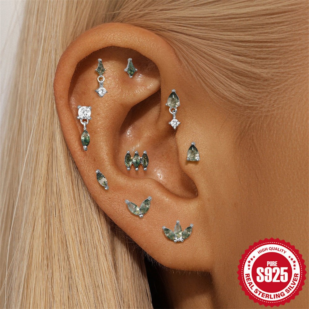 Moss Agate Earrings, Nap Rook Flat Back Helix Conch Tragus Nickel Free Earrings