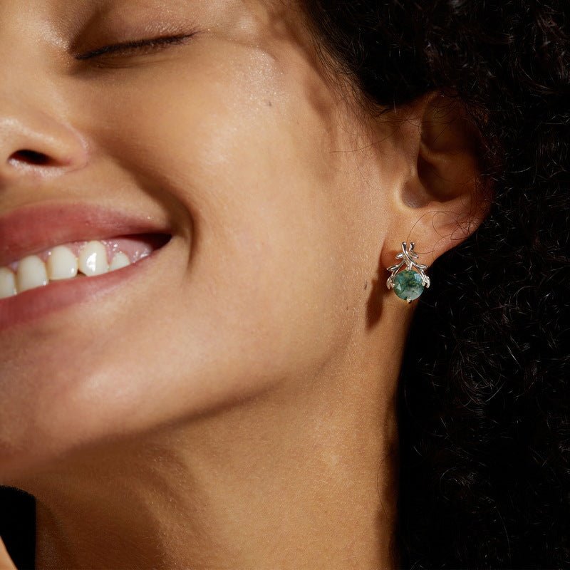 Moss Agate Leaf Stud Earring Nature Leaf Branch Earring White Gold Cluster Stud Anniversary Gift
