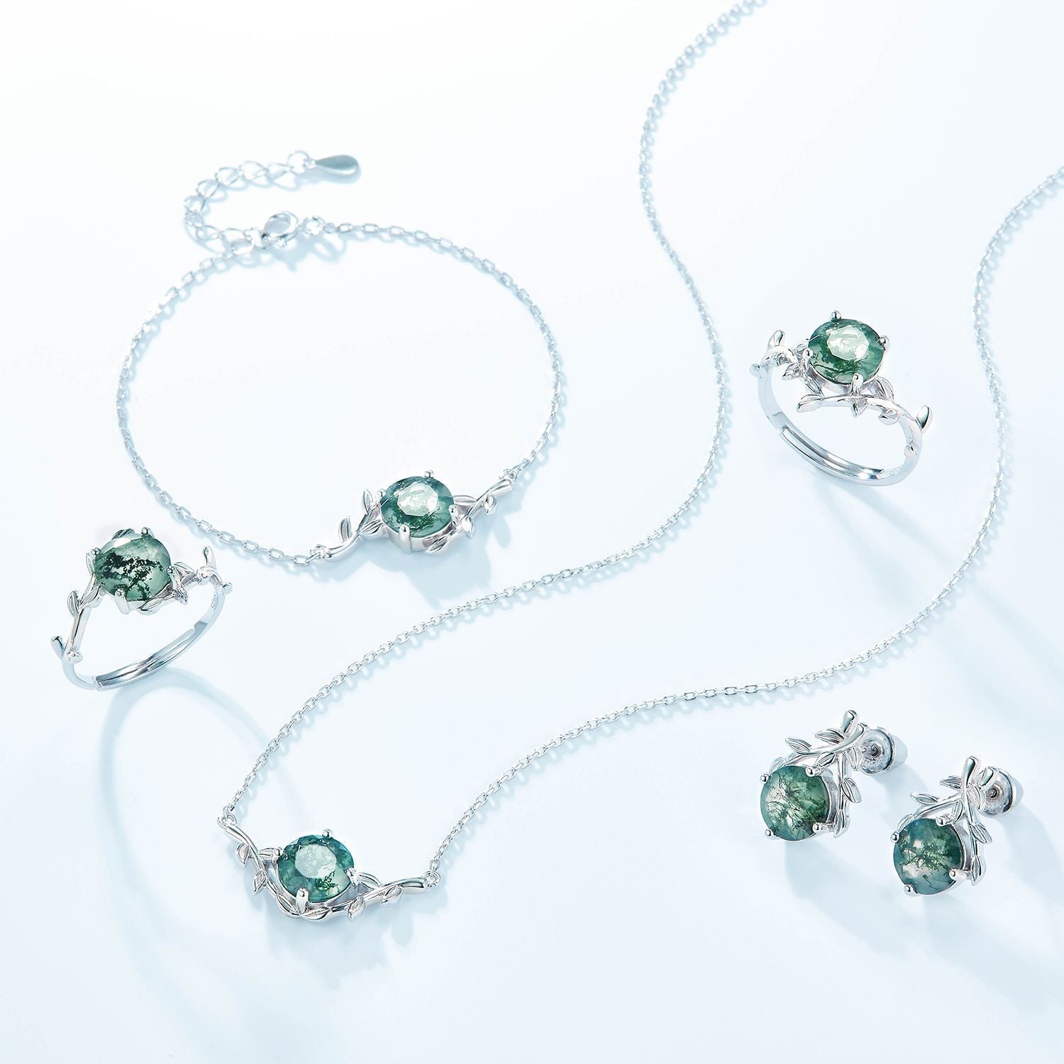 Moss Agate Leaf Stud Earring Nature Leaf Branch Earring White Gold Cluster Stud Anniversary Gift