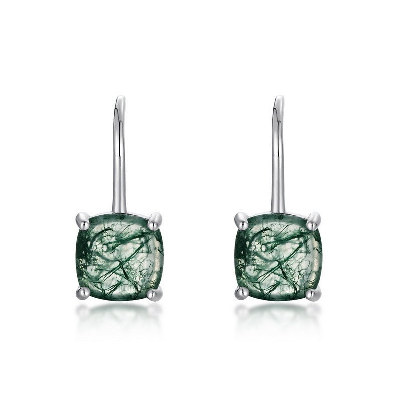 Moss Agate Princess Cut Dangle Earrings 925 Sterling Silver Aquatic Agate