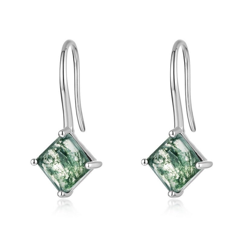 Moss Agate Princess Cut Dangle Earrings 925 Sterling Silver Aquatic Agate
