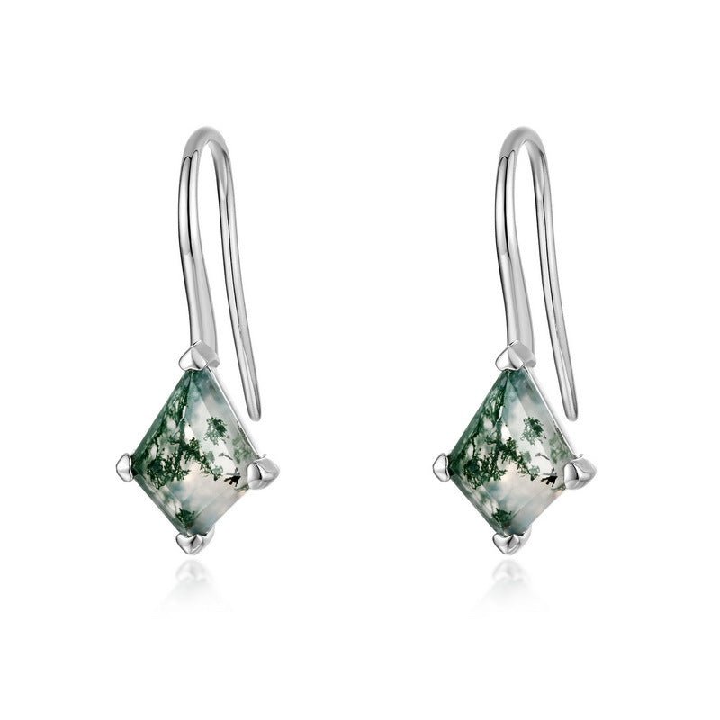Moss Agate Princess Cut Dangle Earrings 925 Sterling Silver Aquatic Agate