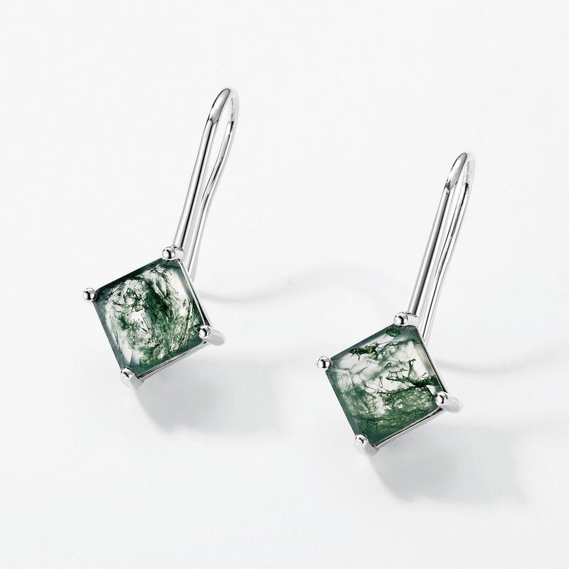 Moss Agate Princess Cut Dangle Earrings 925 Sterling Silver Aquatic Agate