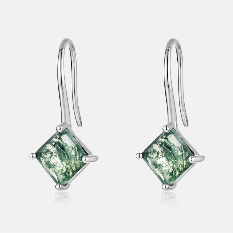 Moss Agate Princess Cut Dangle Earrings 925 Sterling Silver Aquatic Agate