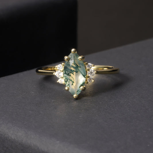 Moss Agate Ring 925 Sterling Silver | 18K Gold Plated | Nature Inspired Jewelry