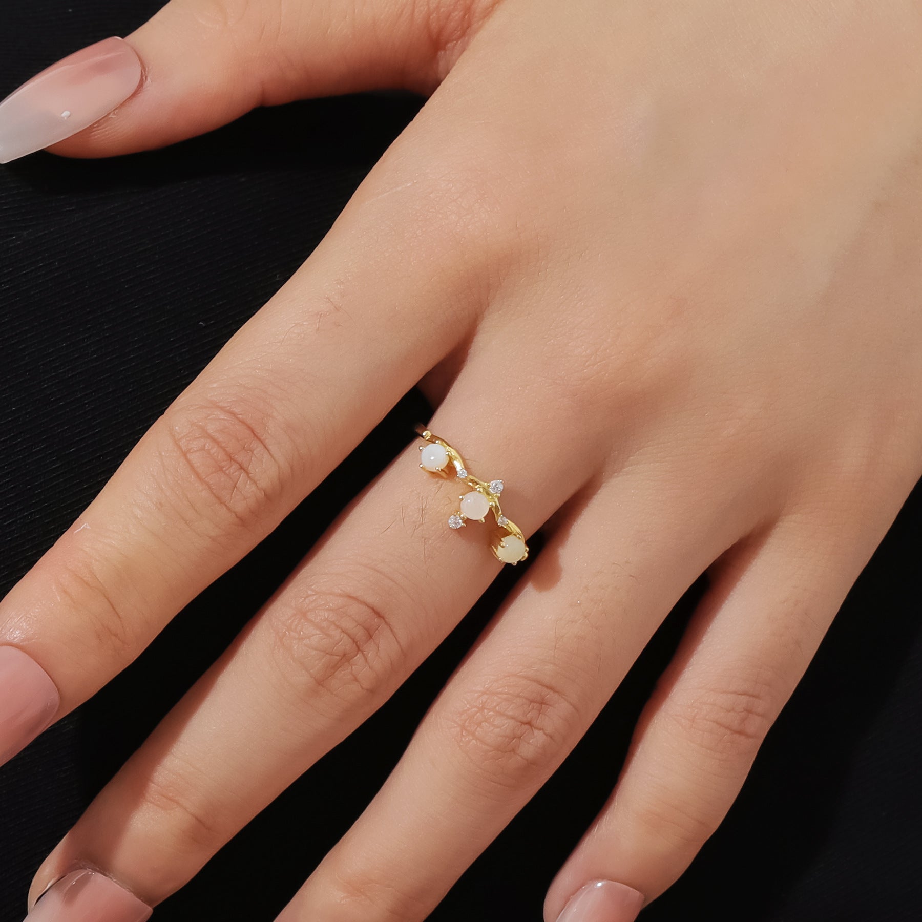 Mysterious Natural Blue Moonstone Ring, Round 3-Stone Jewelry Gift in 925 Silver