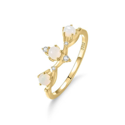 Mysterious Natural Blue Moonstone Ring, Round 3-Stone Jewelry Gift in 925 Silver