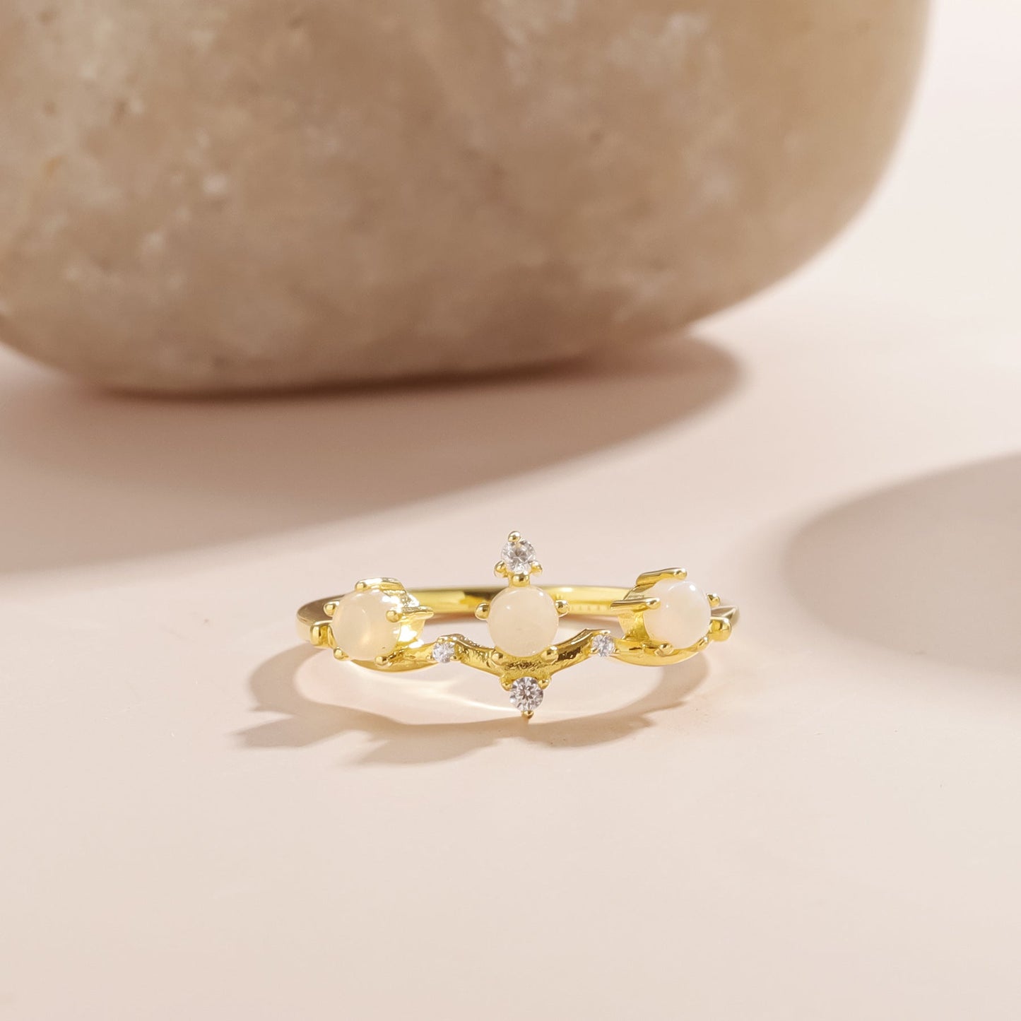 Mysterious Natural Blue Moonstone Ring, Round 3-Stone Jewelry Gift in 925 Silver