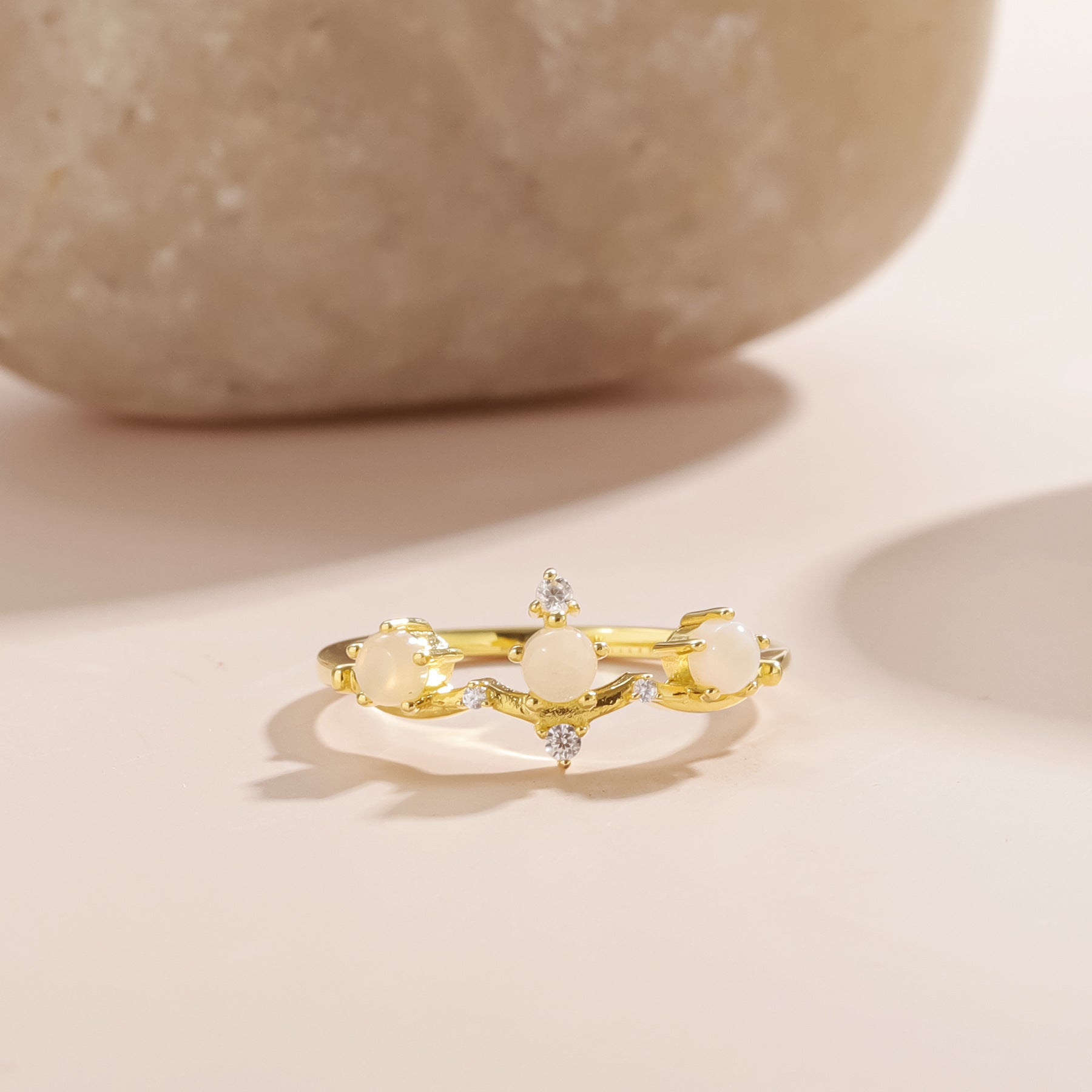 Mysterious Natural Blue Moonstone Ring, Round 3-Stone Jewelry Gift in 925 Silver