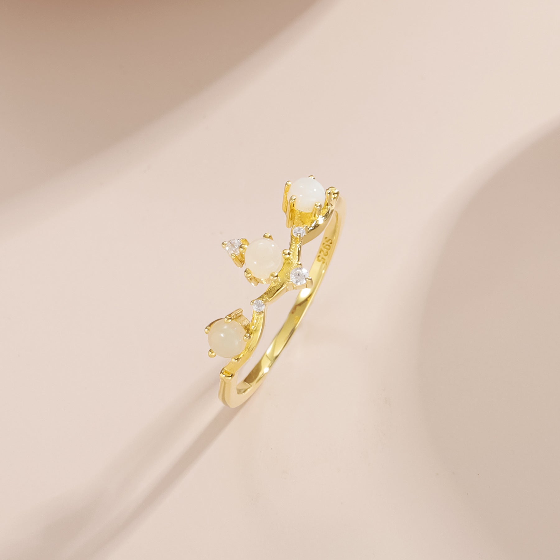 Mysterious Natural Blue Moonstone Ring, Round 3-Stone Jewelry Gift in 925 Silver