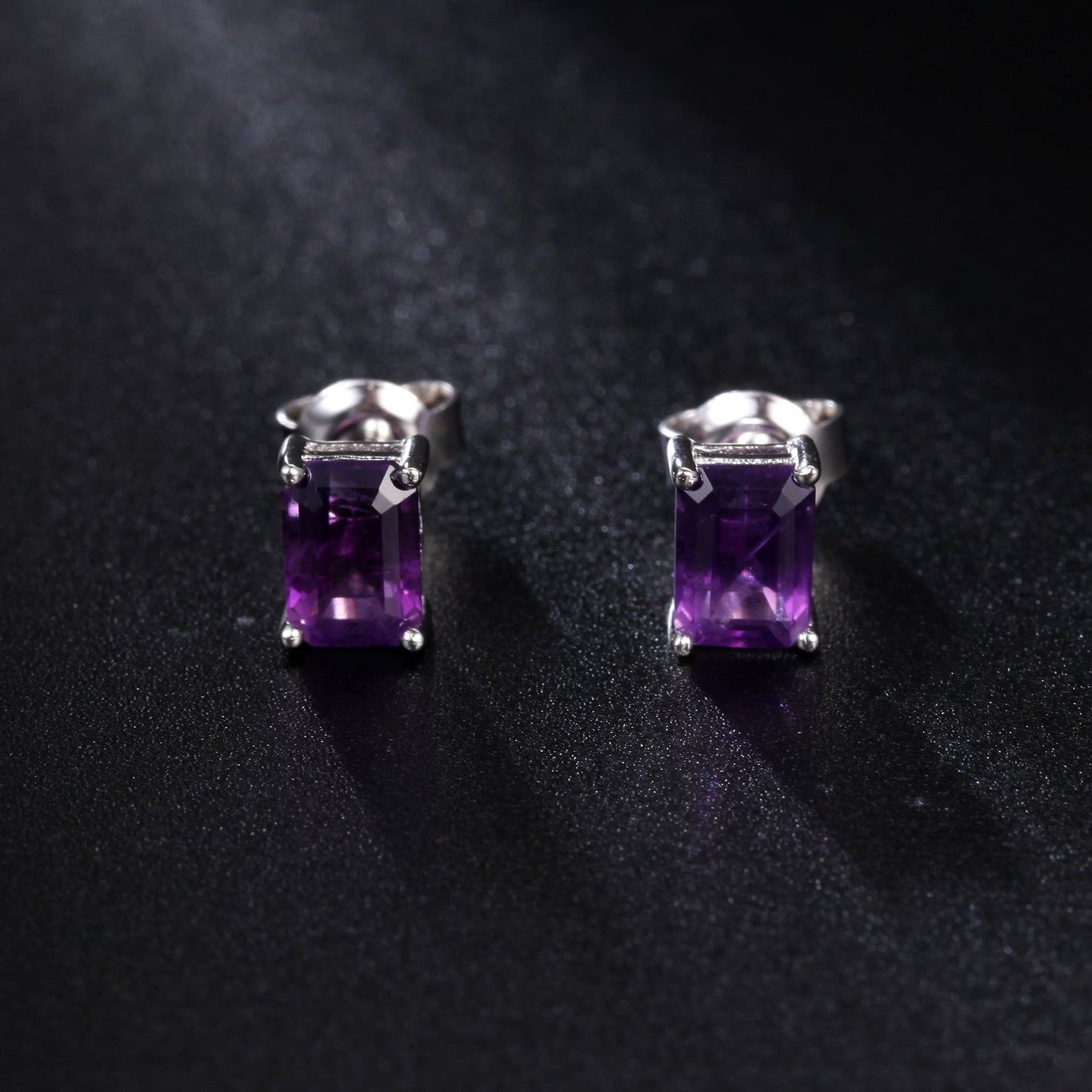 Natural Amethyst Emerald Cut Stud Earrings 925 Silver Set with Natural Gemstones
