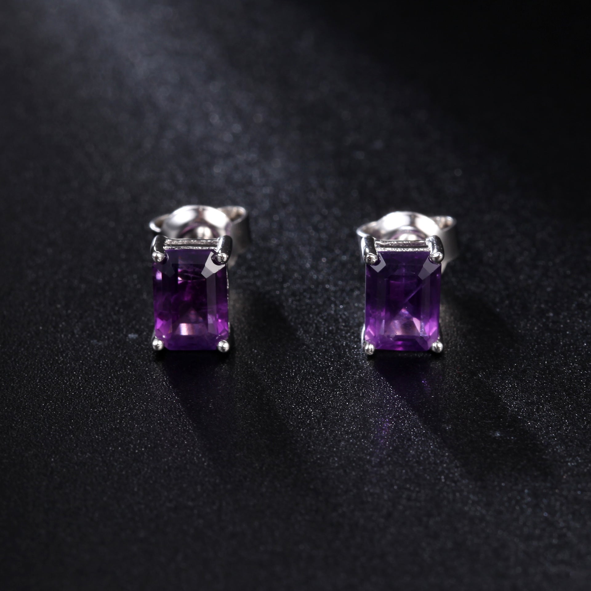 Natural Amethyst Emerald Cut Stud Earrings 925 Silver Set with Natural Gemstones