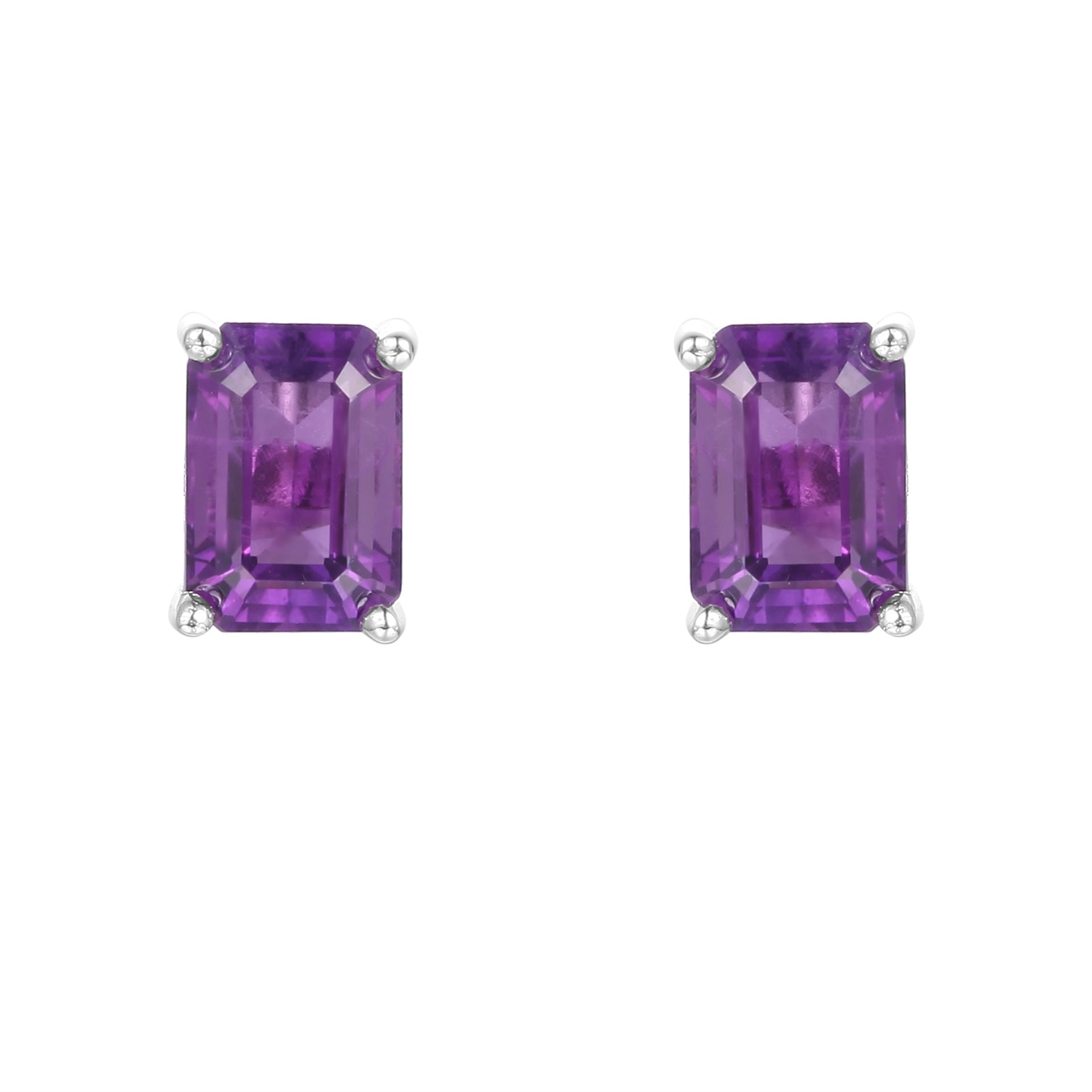 Natural Amethyst Emerald Cut Stud Earrings 925 Silver Set with Natural Gemstones