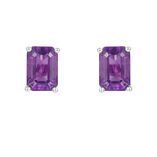 Natural Amethyst Emerald Cut Stud Earrings 925 Silver Set with Natural Gemstones