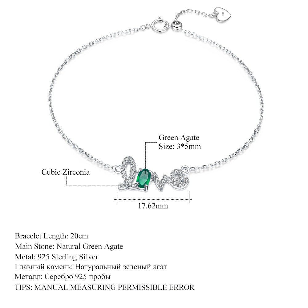 Natural Amethyst Green Agate Topaz Garnet LOVE Letter Bracelet 925 Sterling Silver for Her