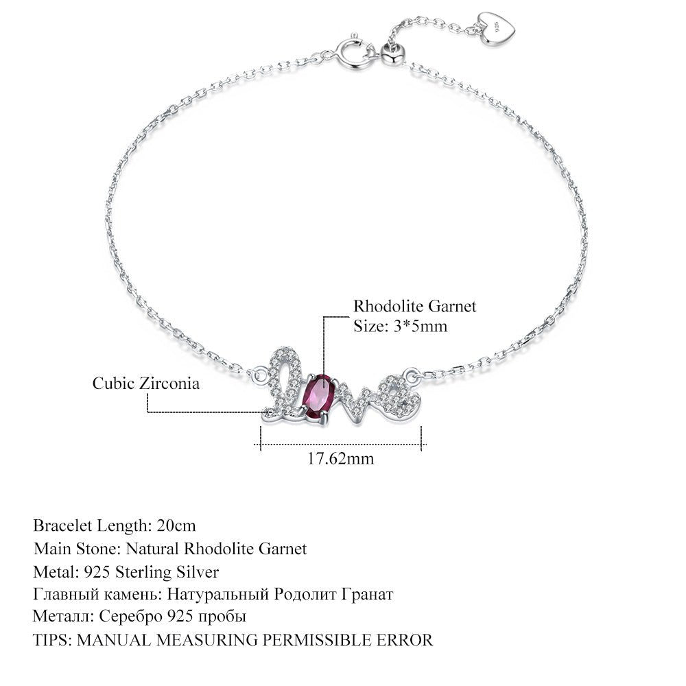 Natural Amethyst Green Agate Topaz Garnet LOVE Letter Bracelet 925 Sterling Silver for Her