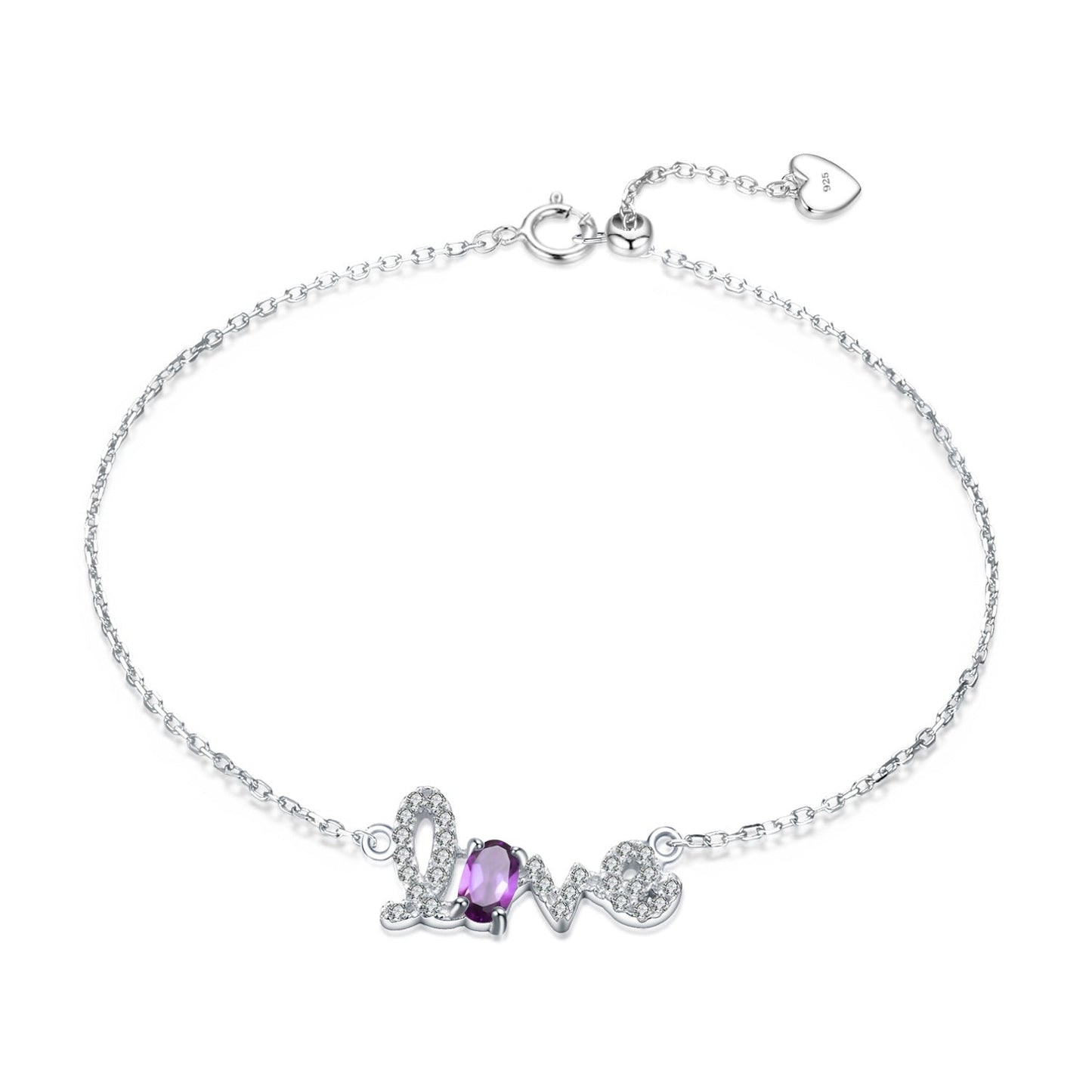Natural Amethyst Green Agate Topaz Garnet LOVE Letter Bracelet 925 Sterling Silver for Her