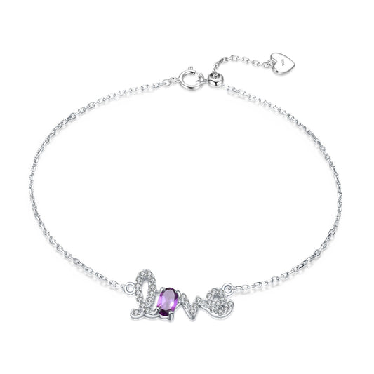 Natural Amethyst Green Agate Topaz Garnet LOVE Letter Bracelet 925 Sterling Silver for Her