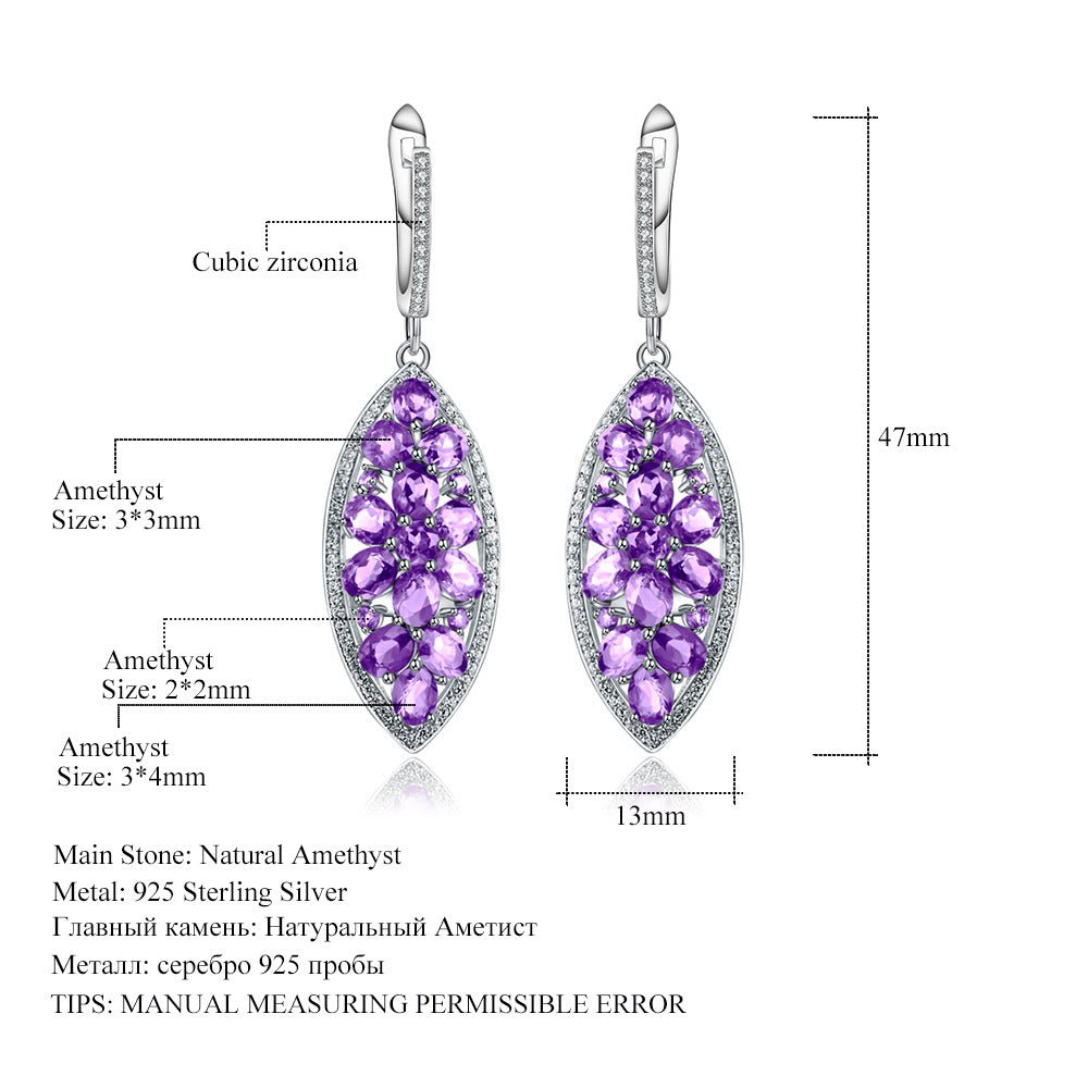 Natural Amethyst Leaf Dangle Drop Earrings 925 Silver Gift for Her