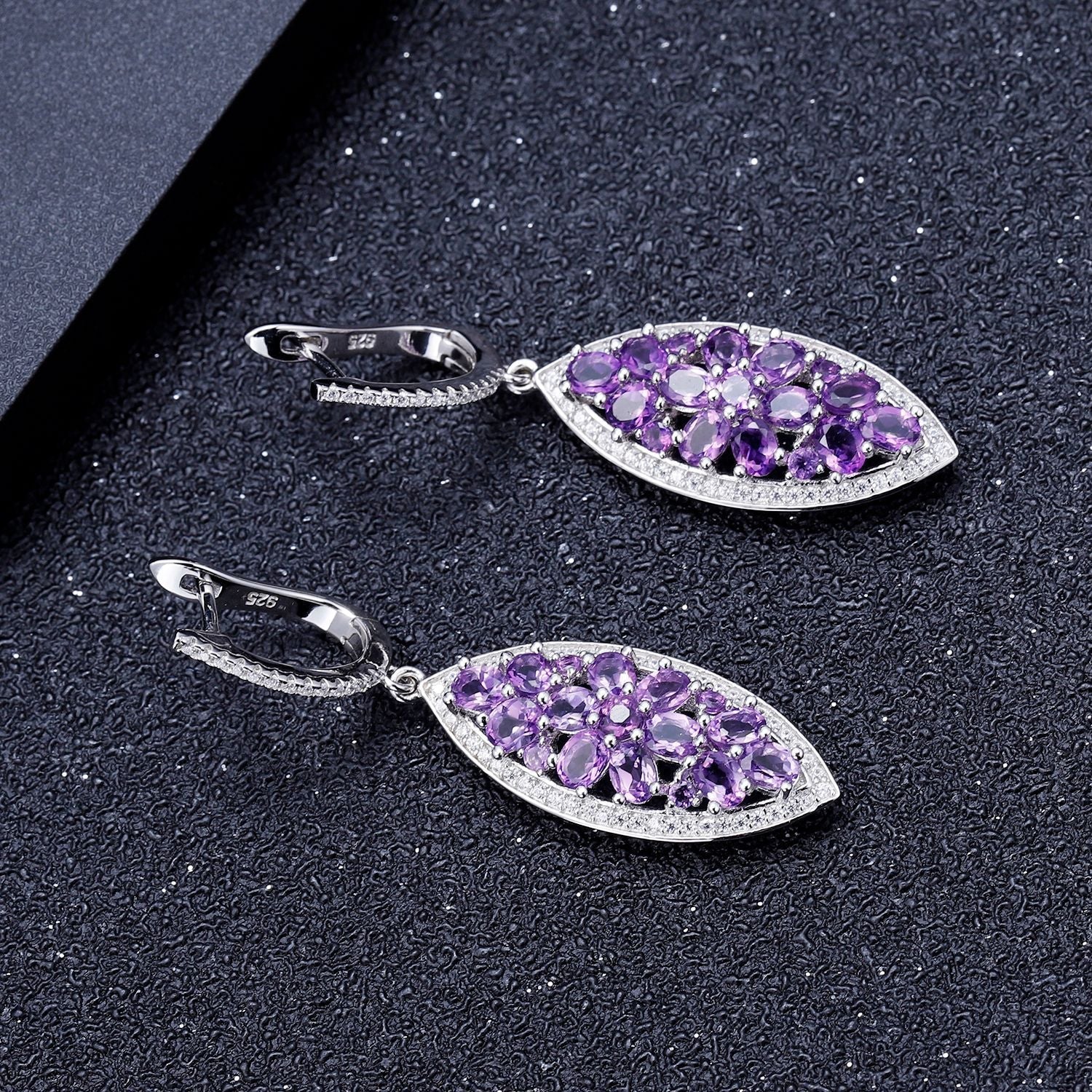 Natural Amethyst Leaf Dangle Drop Earrings 925 Silver Gift for Her