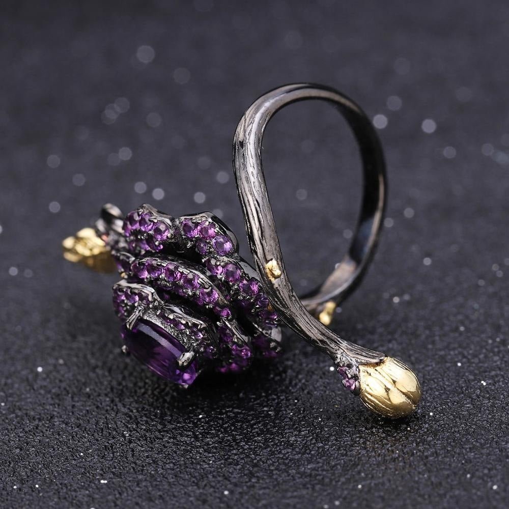 Natural Amethyst Rose Adjustable Ring 925 Silver Ring Wedding Gift for Her