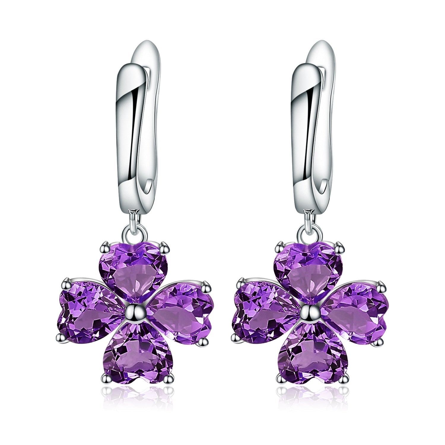 Natural Amethyst Topaz Clover Drop Hoop Earrings 925 Silver Wedding Anniversary Birthday Gift for Her