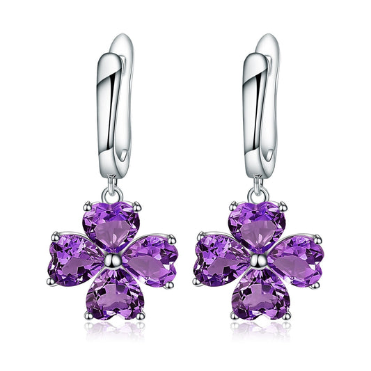 Natural Amethyst Topaz Clover Drop Hoop Earrings 925 Silver Wedding Anniversary Birthday Gift for Her