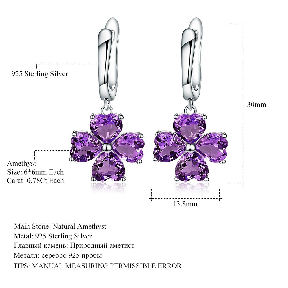 Natural Amethyst Topaz Clover Drop Hoop Earrings 925 Silver Wedding Anniversary Birthday Gift for Her