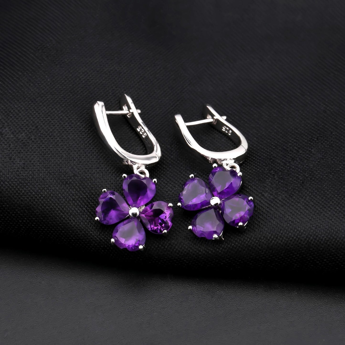 Natural Amethyst Topaz Clover Drop Hoop Earrings 925 Silver Wedding Anniversary Birthday Gift for Her