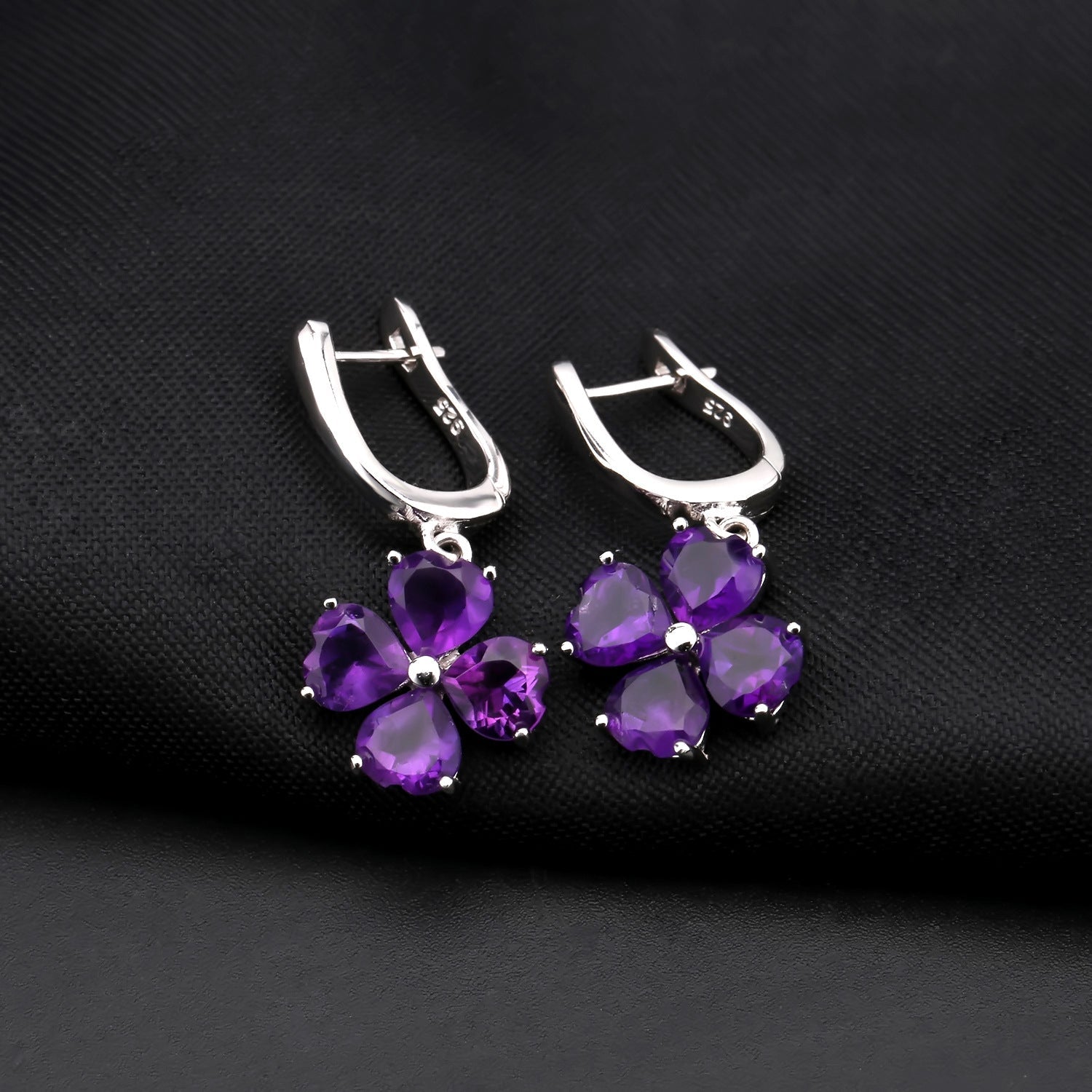 Natural Amethyst Topaz Clover Drop Hoop Earrings 925 Silver Wedding Anniversary Birthday Gift for Her