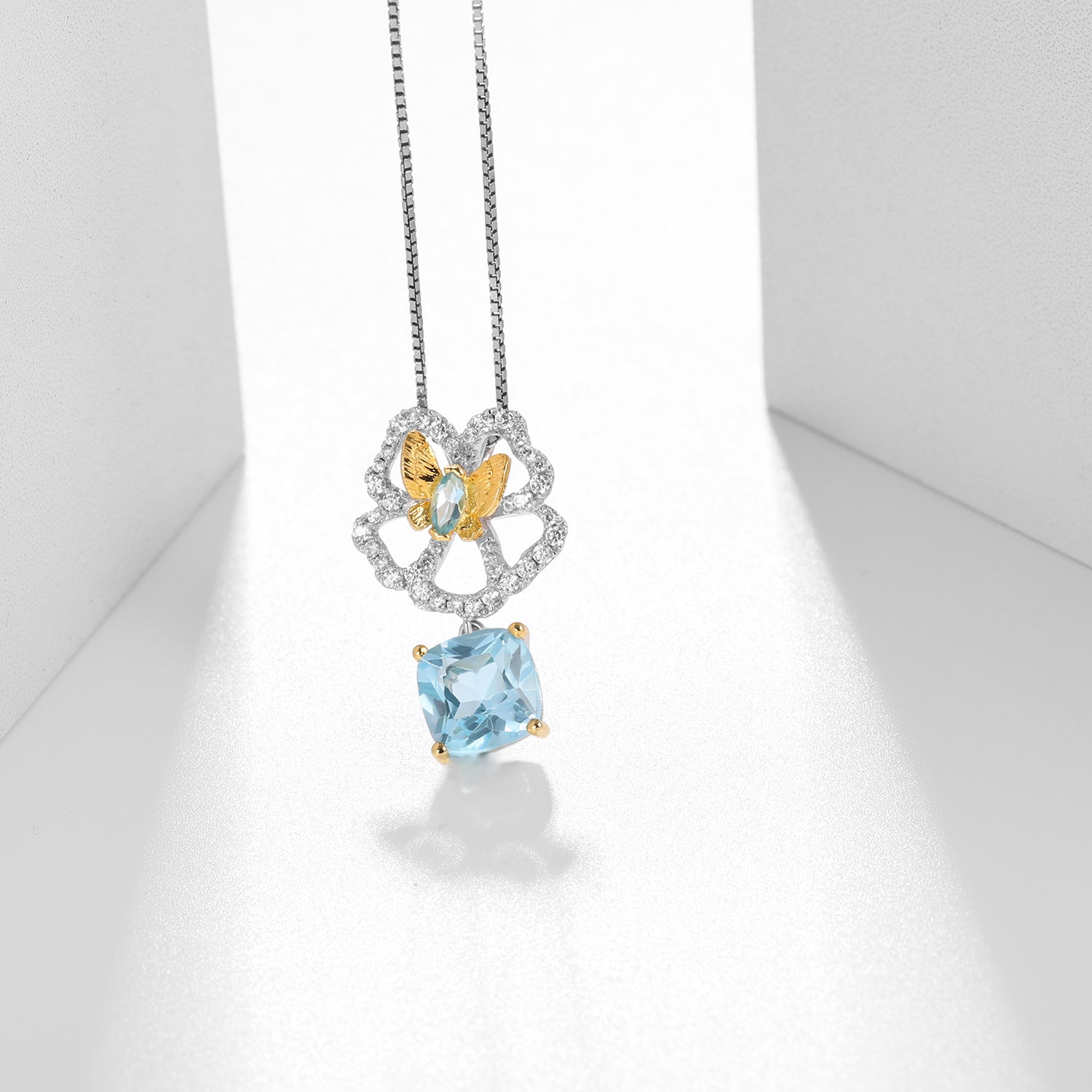 Natural Citrine Topaz Agate Pendant Butterfly Necklace 925 Sterling Silver Gift for Her