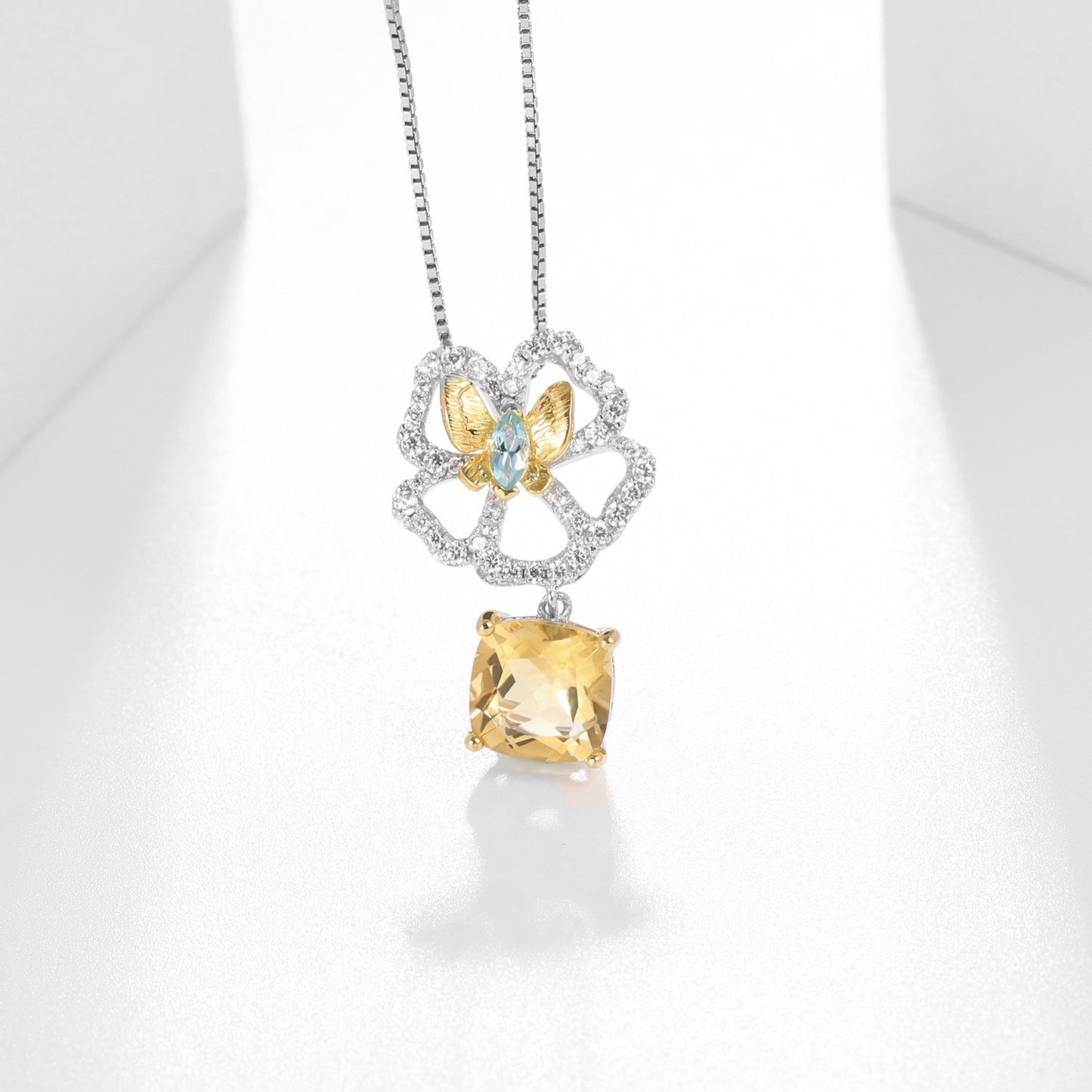 Natural Citrine Topaz Agate Pendant Butterfly Necklace 925 Sterling Silver Gift for Her