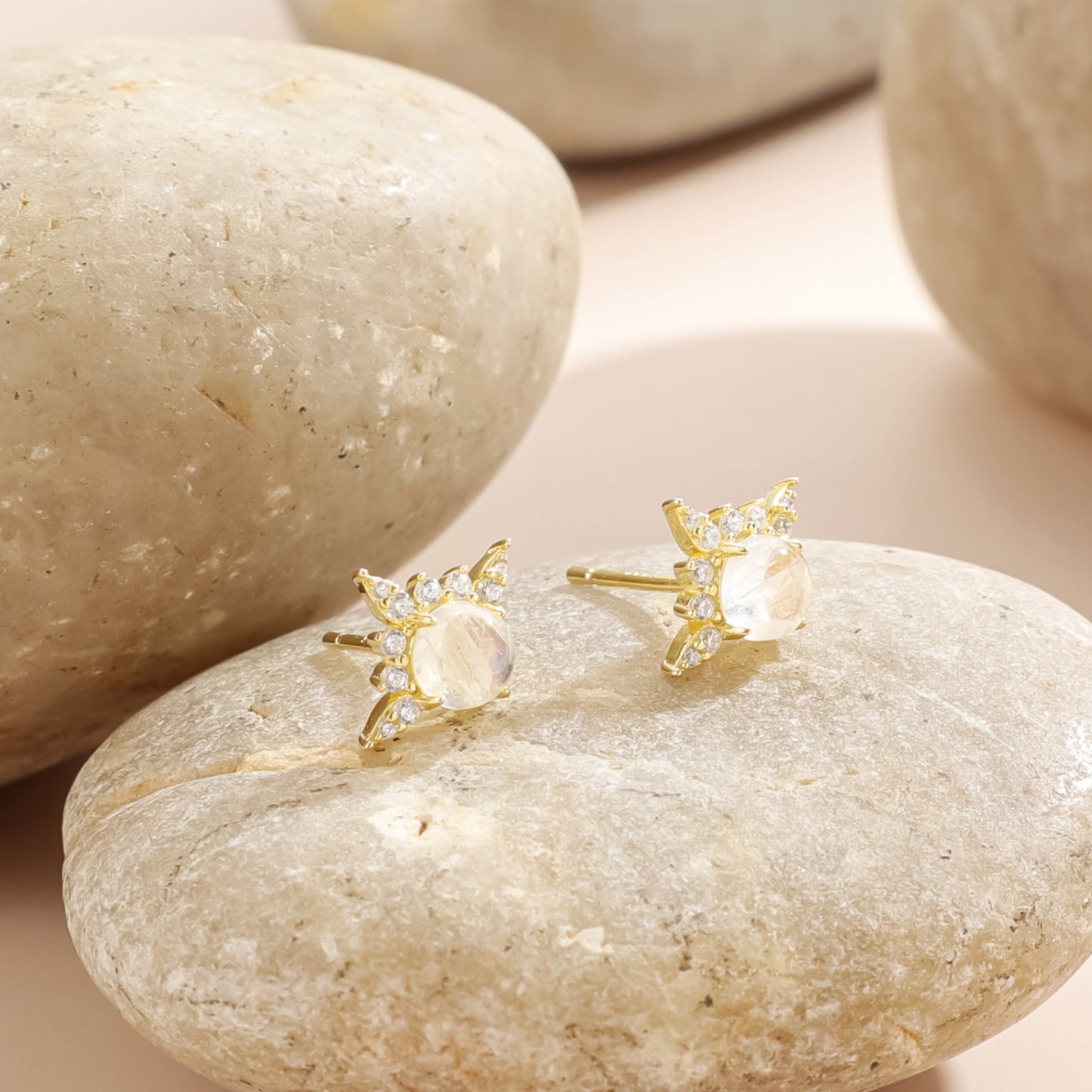 Natural Cream Blue Moonstone Stud Earrings 925 Sterling Silver Hypoallergenic Gift for Her