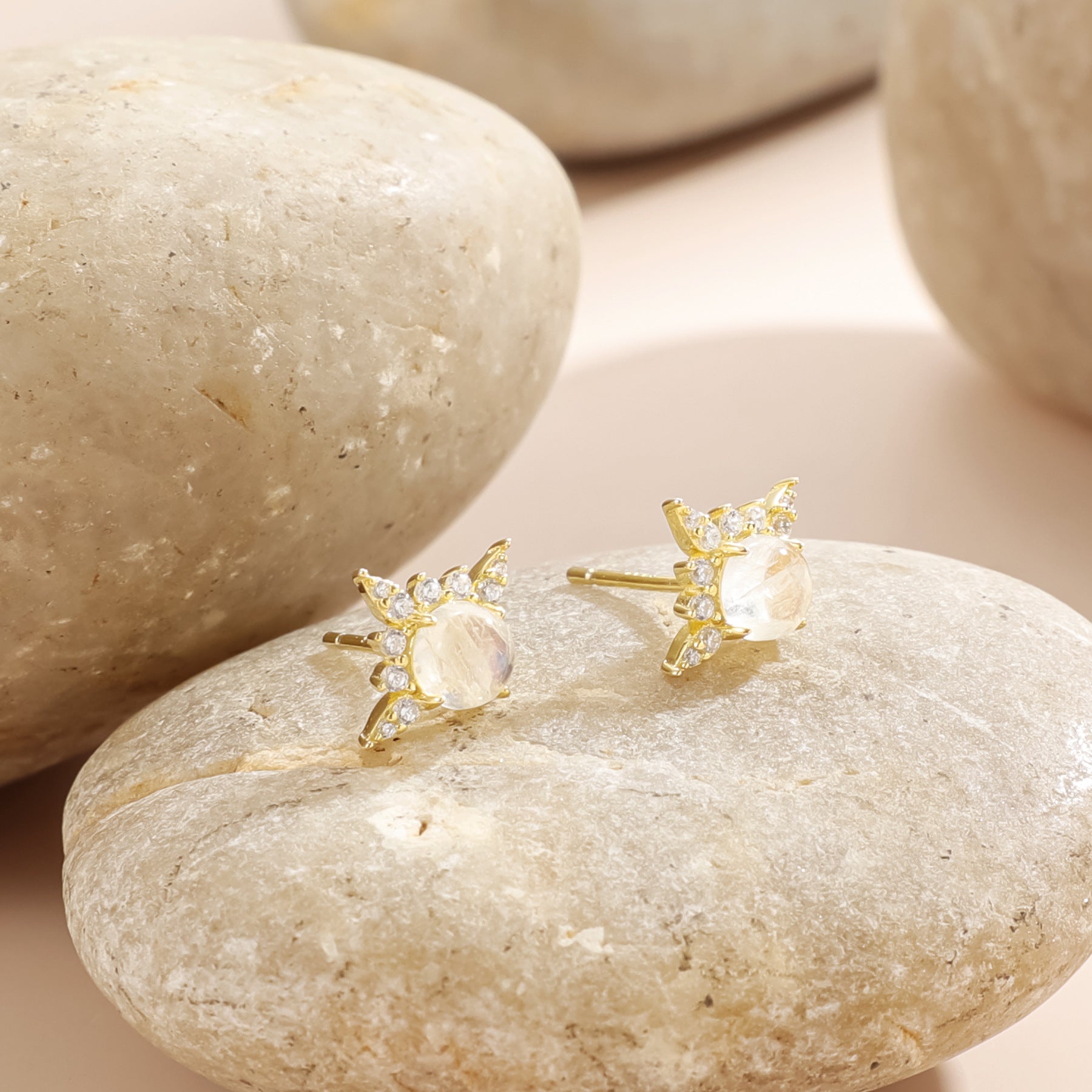 Natural Cream Blue Moonstone Stud Earrings 925 Sterling Silver Hypoallergenic Gift for Her