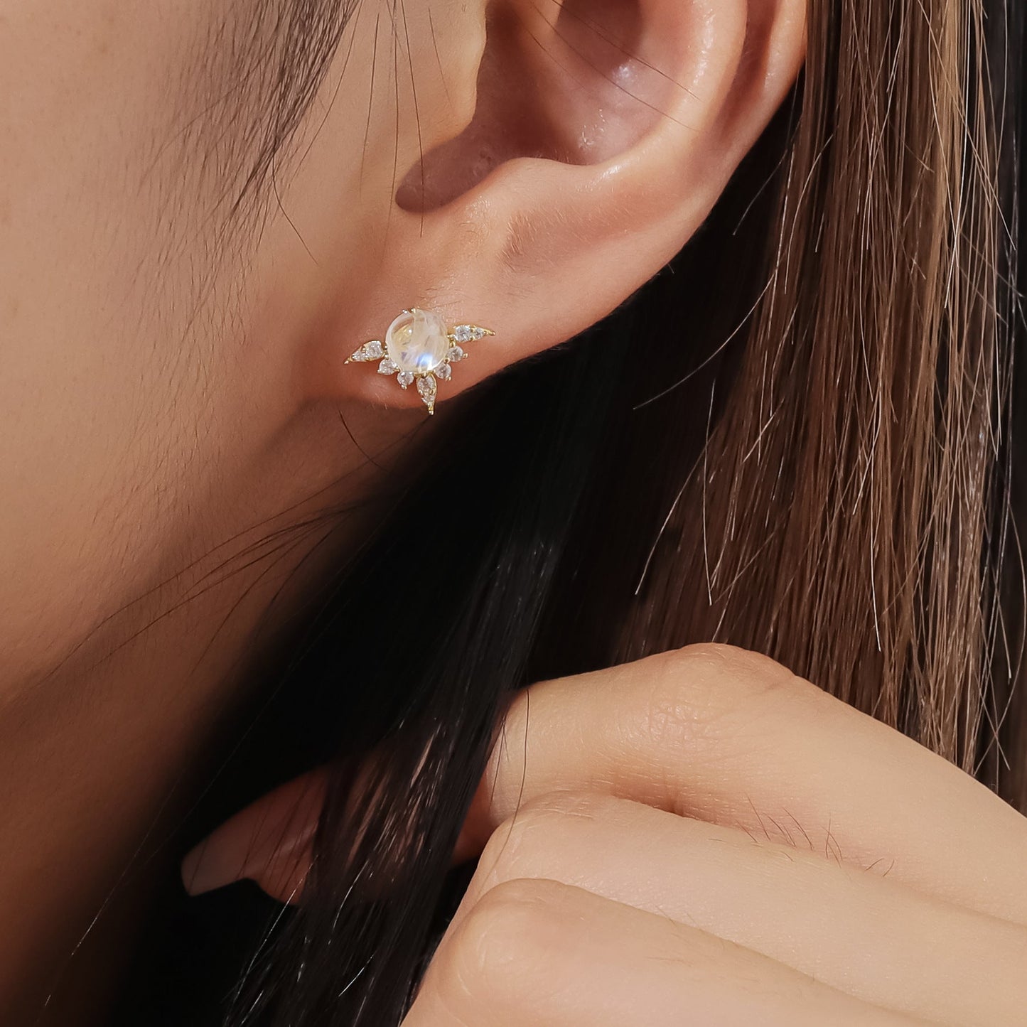 Natural Cream Blue Moonstone Stud Earrings 925 Sterling Silver Hypoallergenic Gift for Her