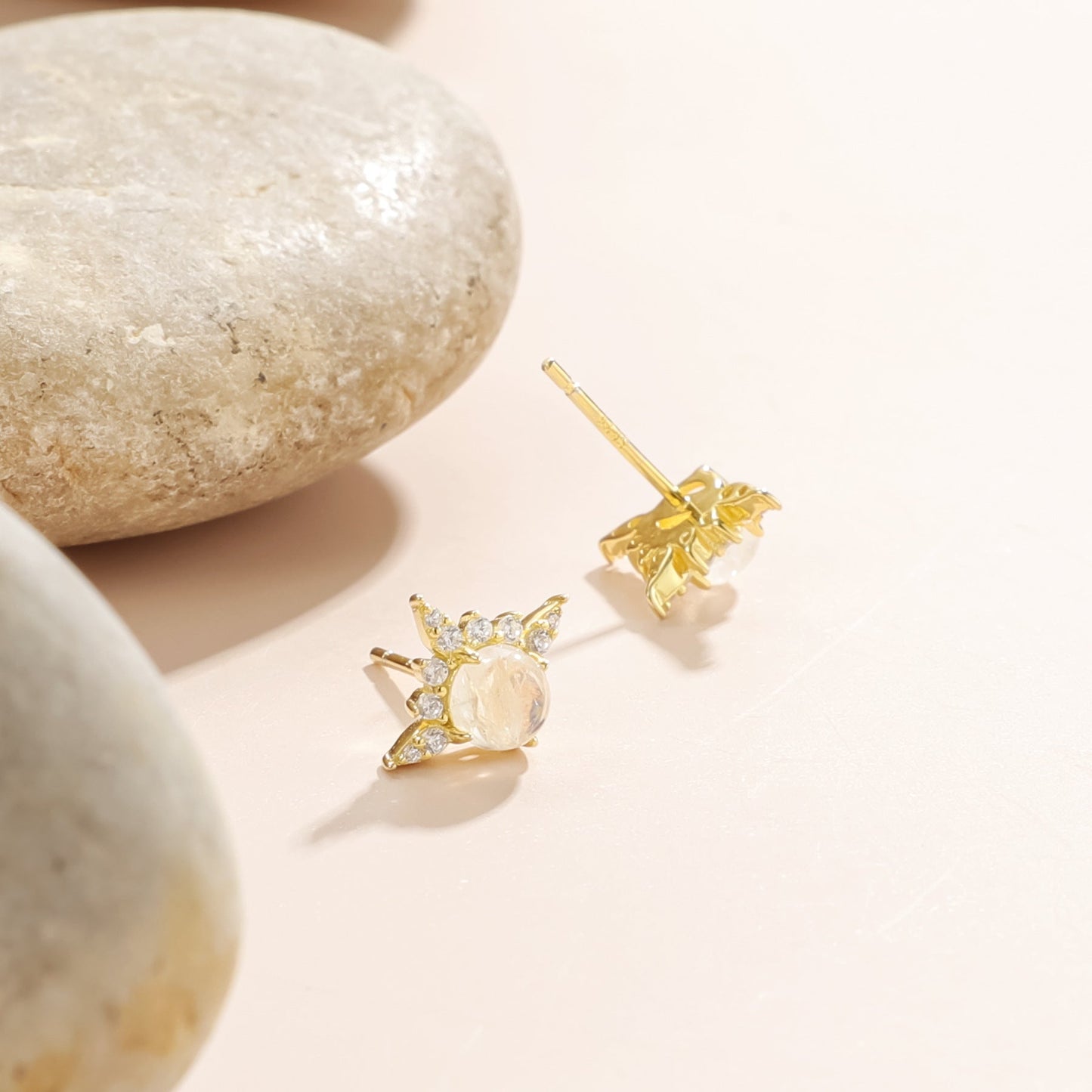 Natural Cream Blue Moonstone Stud Earrings 925 Sterling Silver Hypoallergenic Gift for Her