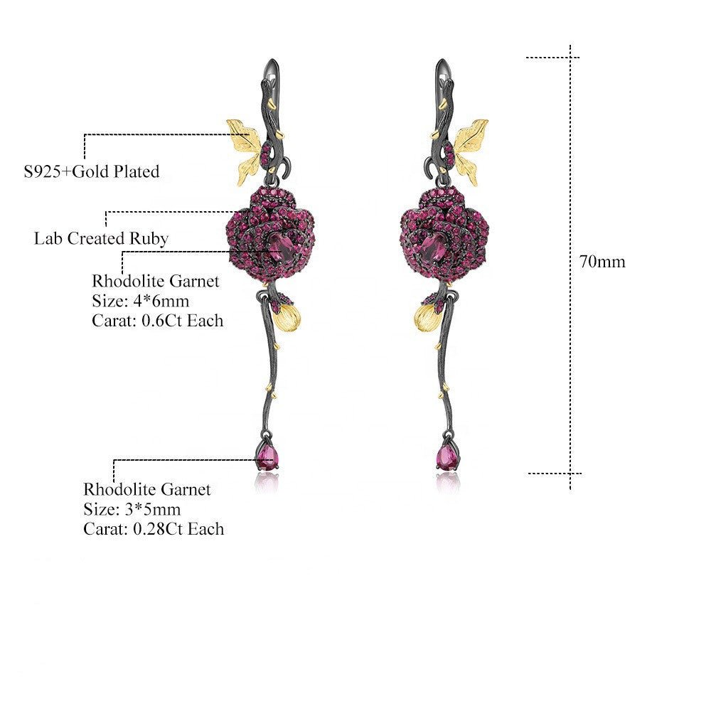 Natural Garnet Rose Earrings 925 Sterling Silver Gift for Her