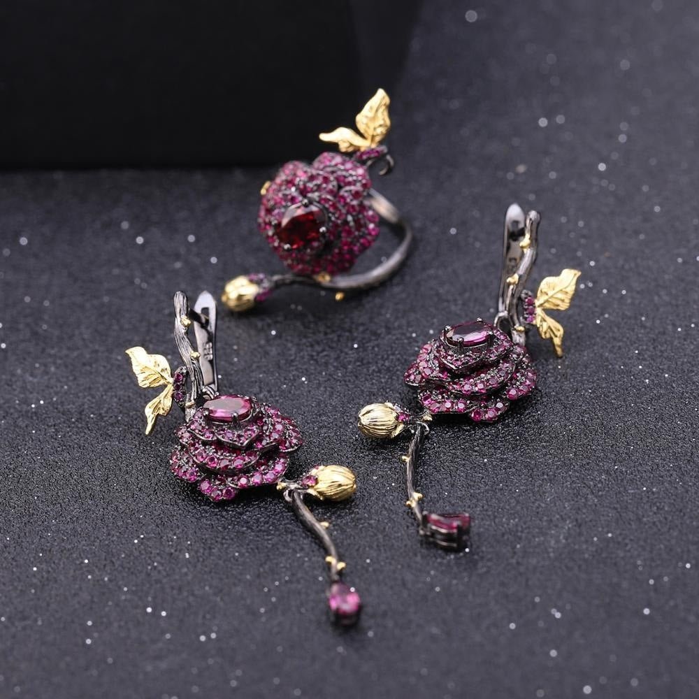 Natural Garnet Rose Earrings 925 Sterling Silver Gift for Her