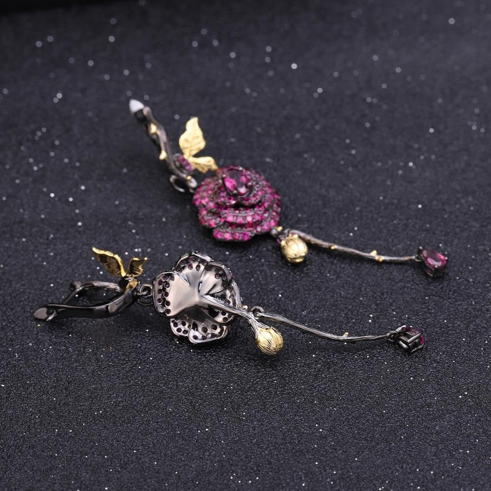 Natural Garnet Rose Earrings 925 Sterling Silver Gift for Her