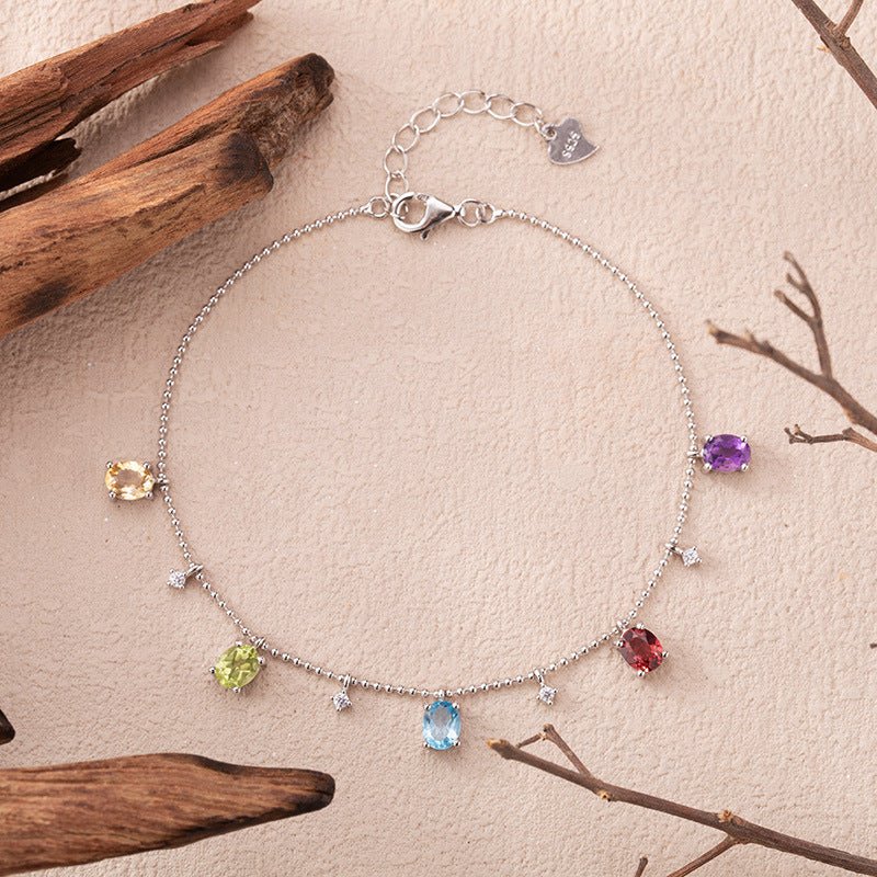 Natural Garnet Topaz Amethyst Citrine Charm Bracelet 925 Sterling Silver Chain Perfect Gift for Her