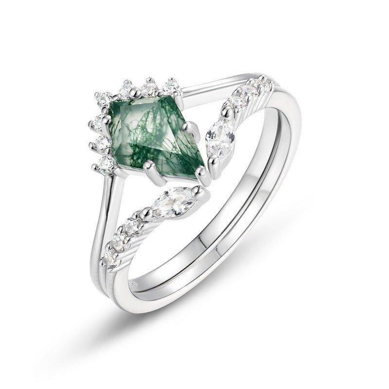 Natural Green Moss Agate Stacking Ring 925 Sterling Silver Geometric Jewelry Kite - Cut