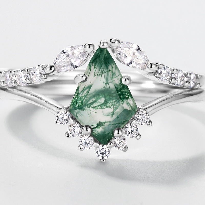 Natural Green Moss Agate Stacking Ring 925 Sterling Silver Geometric Jewelry Kite - Cut