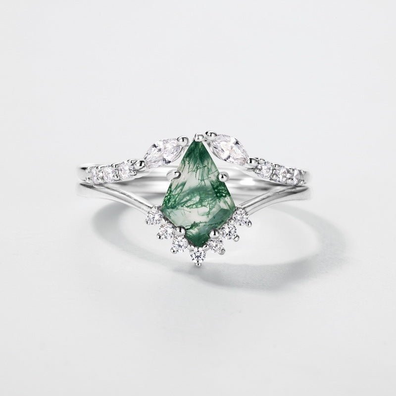 Natural Green Moss Agate Stacking Ring 925 Sterling Silver Geometric Jewelry Kite - Cut