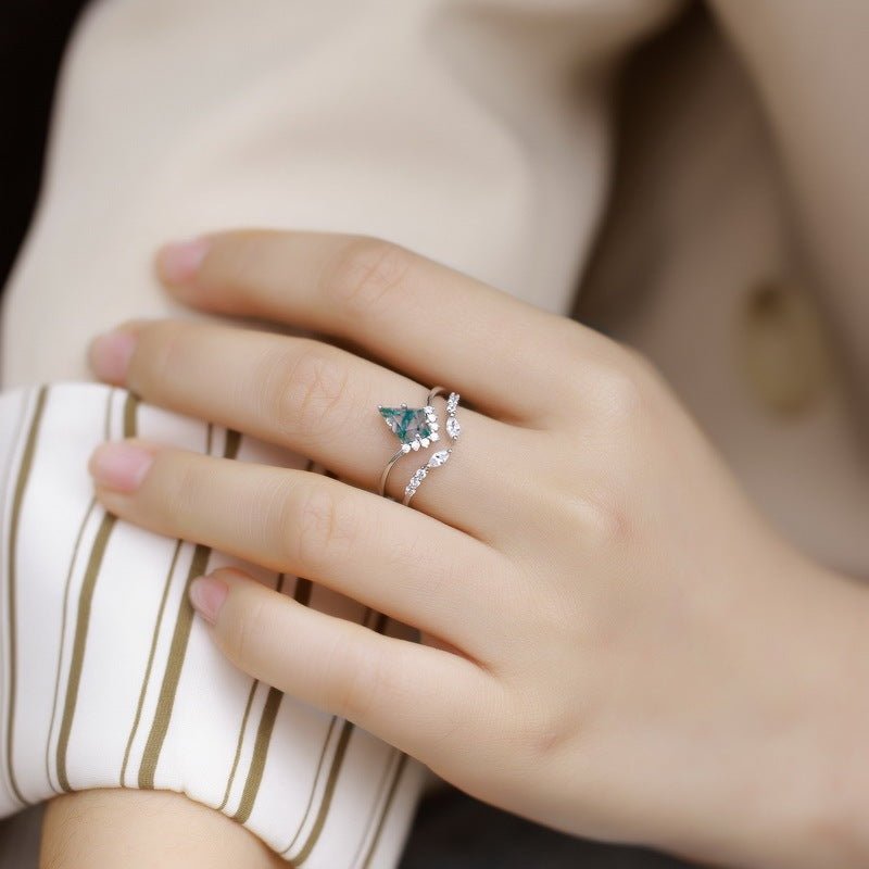 Natural Green Moss Agate Stacking Ring 925 Sterling Silver Geometric Jewelry Kite - Cut